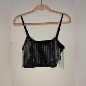 Sexy Rhinestone Fringe Trim - Sleeveless Party Crop Cami Top Black